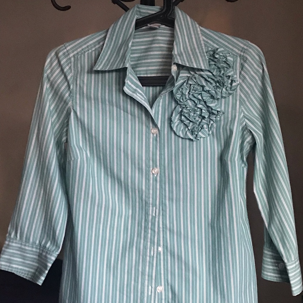 Mint Green Striped Button Down with Flower Detail